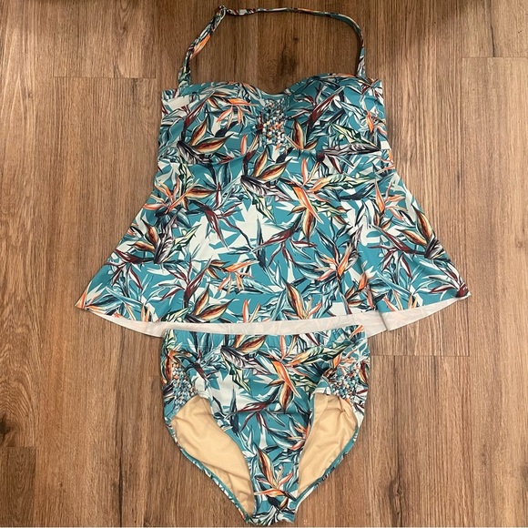 Swimsuits For All Bathing Suit Set Top Bottoms Sz 12 Teal Tropical High Waisted - Picture 1 of 11